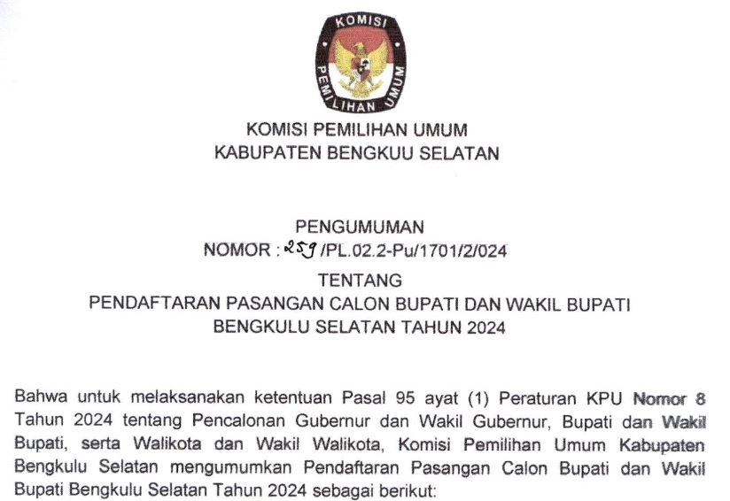 KPU Buka Pendaftaran Calon Bupati dan Wakil Bupati Bengkulu Selatan 2024