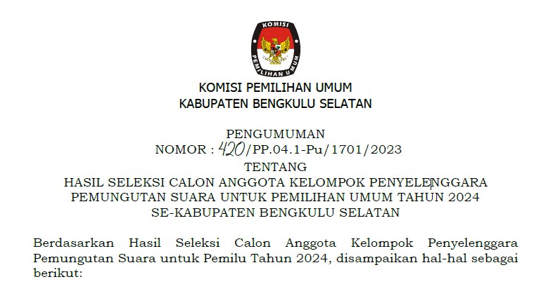 Pengumuman! Ini Daftar Nama KPPS Terpilih Bengkulu Selatan untuk Pemilu 2024