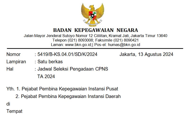 BKN: Pendaftaran Seleksi CPNS 2024 Dibuka 20 Agustus, SKD 16 Oktober, Usul Penetapan NIP 22 Februari 2025