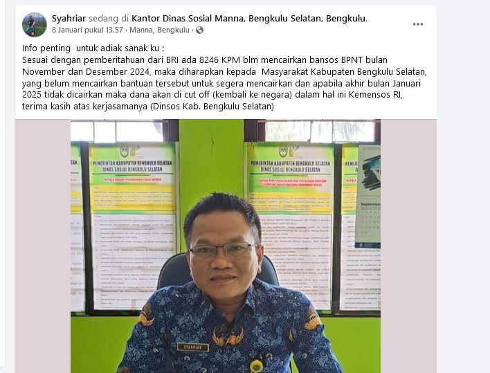 8.246 KPM di Bengkulu Selatan Belum Cairkan Bansos BPNT November dan Desember 2024, Dinsos Beri Batas Waktu