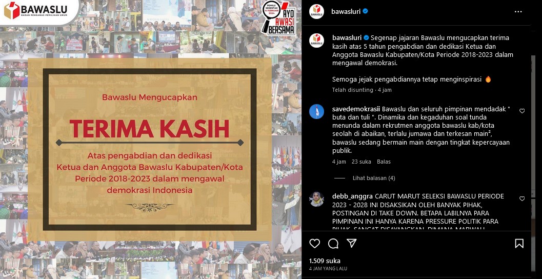 Lewat Instagram Bawaslu RI Ucapkan Terima Kasih, Nitizen: Saatnya Jokowi Ambil Alih