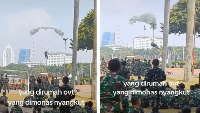 Viral, Penerjun Payung Nyangkut di Tiang Lampu Monas Saat Latihan Persiapan HUT TNI ke-79