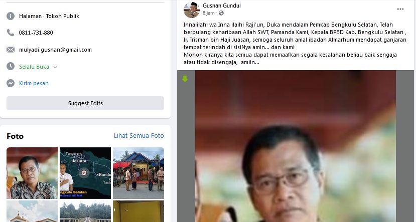 BERITA DUKA! Kepala BPBD Bengkulu Selatan Meninggal Dunia