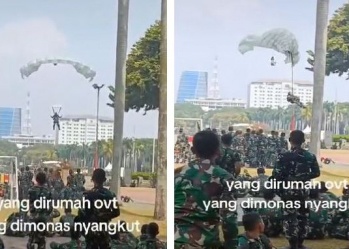 Viral, Penerjun Payung Nyangkut di Tiang Lampu Monas Saat Latihan Persiapan HUT TNI ke-79