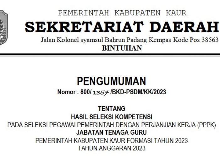 SAH! Hasil Seleksi PPPK Guru 2023 Kabupaten Kaur Diumumkan, Ada yang Menangis, Berikut Daftar Namanya